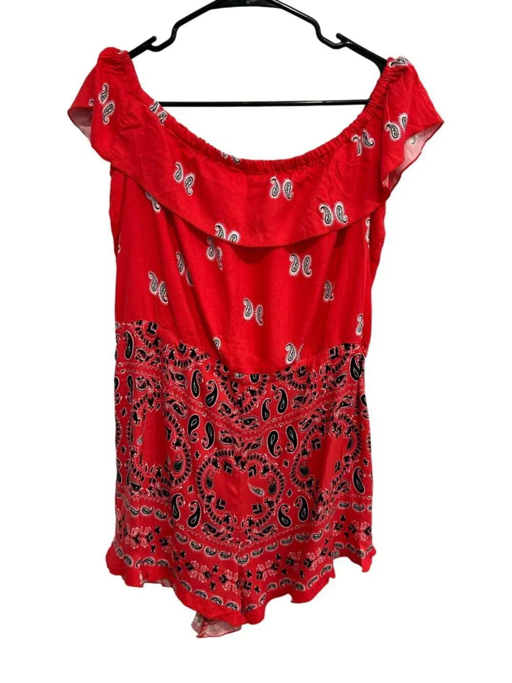 Venus Medium Red Paisley Print Off Shoulder Baby Doll Romper Boho Festival